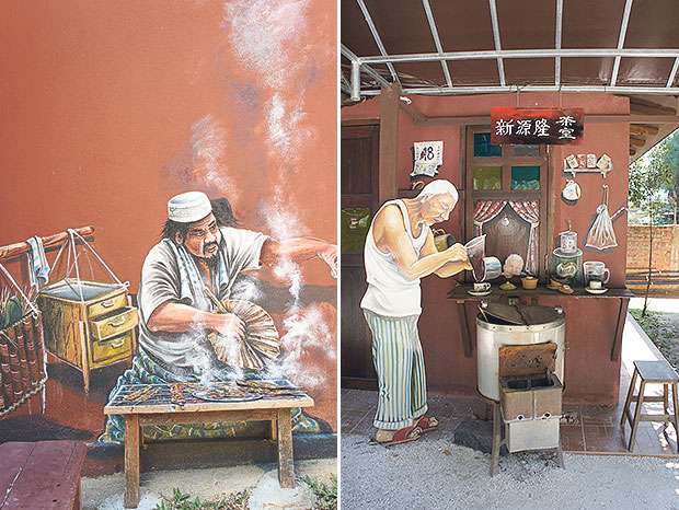 A realistic portrayal of a traditional satay seller (left). A kopitiam scene immortalised as a 3D mural (right).