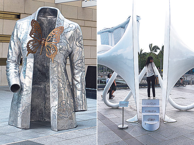 Sri Astari Rasjid’s Armour for Change (2015) transforms the meaning of the traditional kebaya (left). Chen Sai Hua Kuan’s Ling Ting 2 (2015) encourages busy city-dwellers to stop and listen (right).