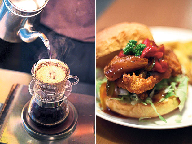 Brewing natural-processed coffee at For Farm Burger (left). The popular calamari burger (right).