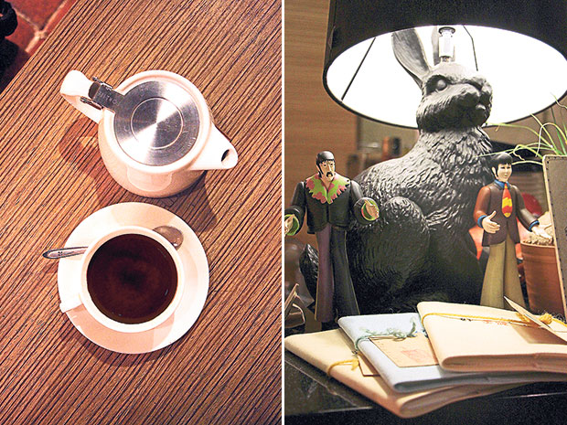 There’s still time for a late night cuppa at Ino Café (left). A kitschy black bunny lamp and figurines of The Beatles at Ino Café (right).