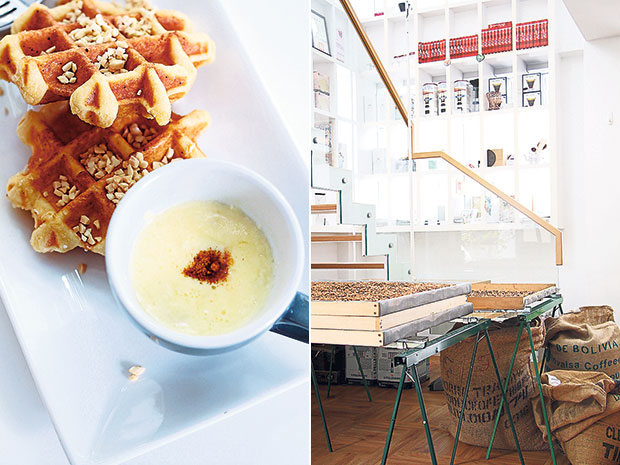 Buttery waffles if you fancy a light bite at the Factory Roastery (left). The spacious interior of the Factory Roastery is illuminated by natural sunlight (right).
