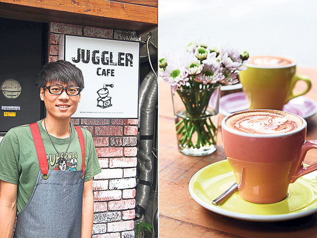 Juggler Café is run by Australian-educated Jeromy Lin, who returned to Taichung to open his dream café (left). A flat white (front) and piccolo latte (back) at Juggler Café (right).