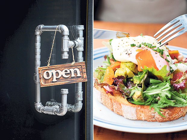 Juggler Café’s quirky “open for business” sign (left). Try the Stormin’ Norman at Juggler Café (right).
