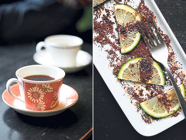 Slow-brewed coffee at Who Together Café (left). Refreshing slices of lime smothered with freshly ground coffee beans and sugar (right).