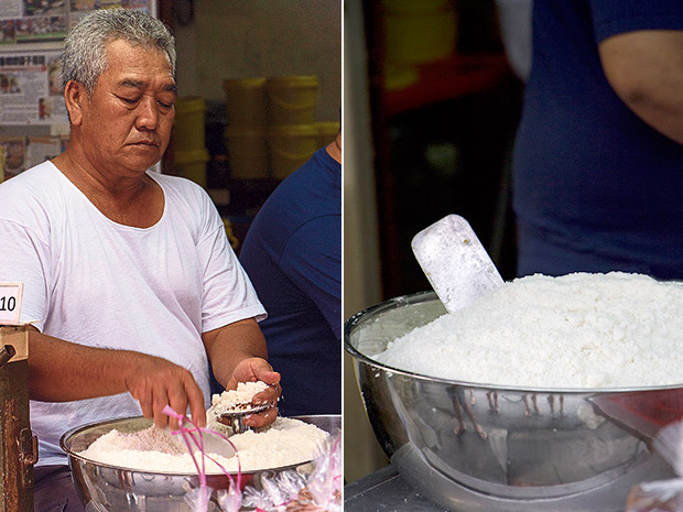 A second layer of rice flour is added on top to complete the raw putu cake (left). A bowl of specially prepared rice flour at Putu Piring Tengkera (right).