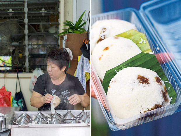 Nyonya Lian is an expert at flipping over each piring to check which is cooked (left). Hot and fluffy putu piring, with nuggets of gula Melaka peeking out on the surface (right).