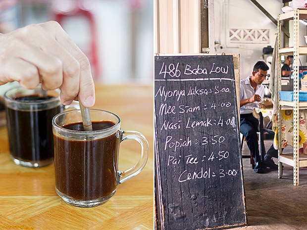 Enjoy a mug of Malaccan kopi or kopi O at 486 Baba Low (left). Menu board at 486 Baba Low shows prices are still affordable in Tranquerah (right).