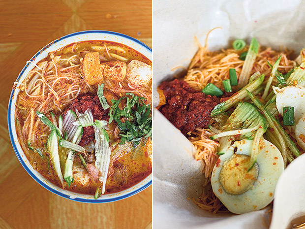 486 Baba Low’s signature Nyonya laksa (noodles in a mildly spicy coconut milk gravy with shrimp, fish balls, and cockles) (left). Mee siam is served with a dollop of spicy-sweet sambal (right).
