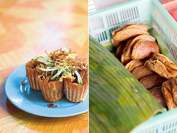 Pai tee is a traditional Peranakan snack of crispy “top hats” stuffed with strips of omelette, julienned vegetables and fried shallots (left). Fancy an apam balik to go? (right).