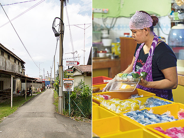 There are plenty of signs showing the way to the Baba Charlie Nyonya Cake shop via a narrow alley (left). A worker sorting different kuih into their respective trays (right).