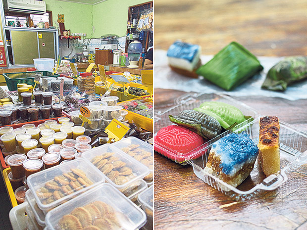 Baba Charlie also sells various cookies, pineapple tarts and homemade kaya (left). Afternoon delights: ang koo kuih, kuih abu sagu, kuih bingka ubi (front, left to right); kuih talam, pulut inti, rempah udang (back, left to right) (right).