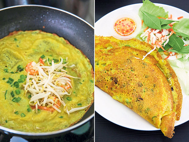 Making the Bánh xèo with bean sprouts and prawns at Ara Vietnamese Noodles (left). Ara Vietnamese Noodles’ crispy pancake or Bánh xèo is filled with prawns and vegetables (right).