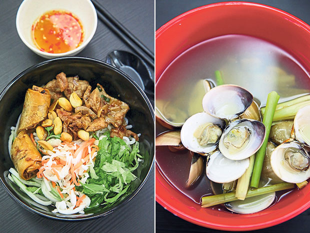 If you prefer dry noodles, try the Bún thịt xào sả with grilled pork slices at Ara Vietnamese Noodles (left). Simple but tasty, the Nghêu hấp xả or clams cooked in lemongrass broth at Ara Vietnamese Noodles (right).