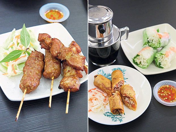 Pair your bowl of noodles with a side dish of grilled pork skewers and pork sausages at Ara Vietnamese Noodles (left). Appetisers served at Ara Vietnamese Noodles like the fried and fresh spring rolls (right).