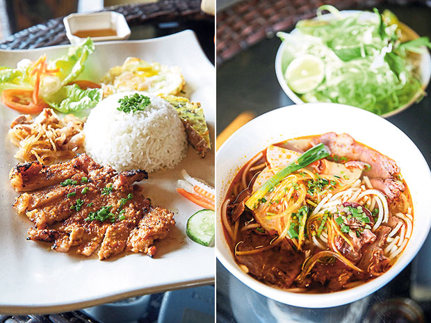 A popular item at Mimi Nguyen Cafe is the Cơm tấm Suon Bi Cha with grilled pork chop, pork slices with thinly shredded pork skin, steamed egg and meat custard, fried egg and vegetables (left). Perfect for spicier palates, this is the Bún bò Huế or beef and pork noodle soup (right).