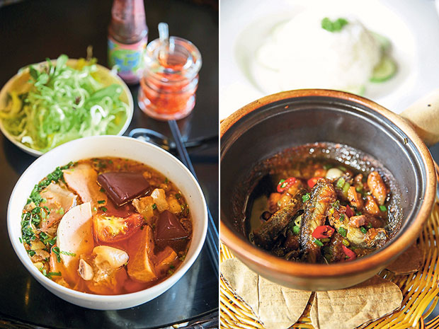 Add a dash of pungent Mắm tôm or fermented shrimp paste to the Bún riêu with tomatoes, pork trotters, pork ham and coagulated blood cubes (left). For something unusual, go for the goby fish cooked in pepper or Cá kèo kho at Mimi Nguyen Cafe (right).