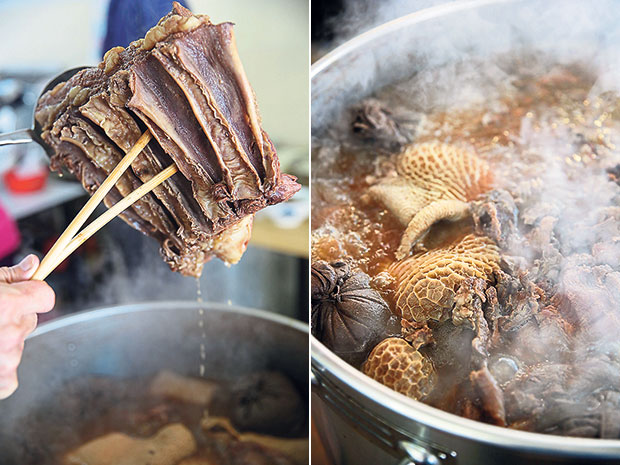 Beef striploin straight from the pot (left). The secret behind a great beef noodles is a deep tasting beef broth like this one (right).
