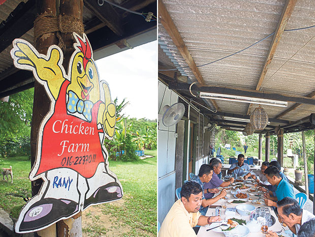 This way to Uncle Rani’s Chicken Farm (left). Reservations are a must if you wish to have a meal here (right).
