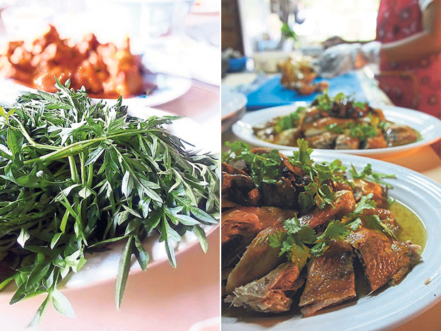 Ulam raja, a local herb, grows abundantly around the farm (left). The roast chicken is highly recommended for its crispy skin and flavoursome essence (right).