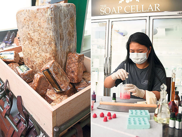 The rare African black soap that is good for sensitive skin (left). Chan mixing up a batch of soap to be poured into the mould (right).