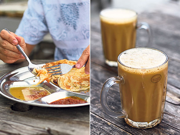 Dip your roti canai in dhal and sambal, Johor Bahru style (left). You can’t go wrong ordering a bubbly teh tarik to go with your roti canai (right).