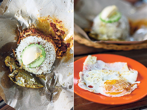 Nasi lemak at Onn Kitchen comes with fried fish instead of ayam goreng (left). A side order of fried egg to go with the nasi lemak (right).