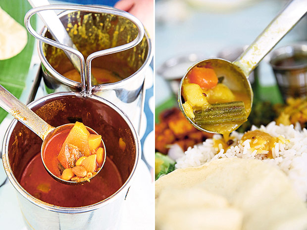 You have a choice of vegetable curry or dhal with your rice (left). You can add dhal to your rice (right).