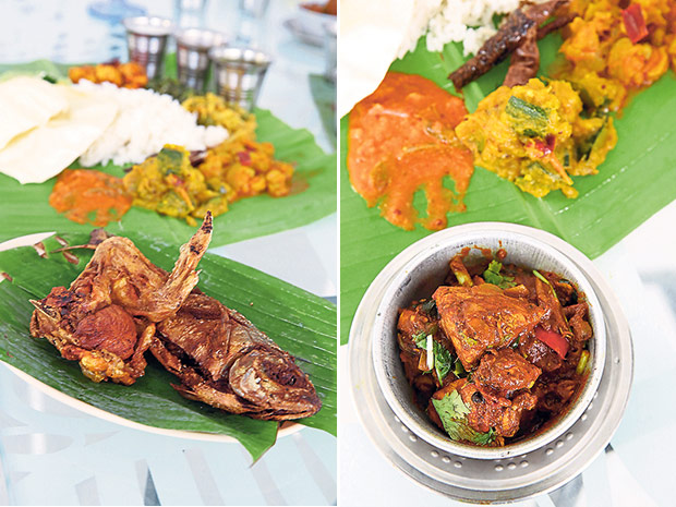 Fried items like fish and chicken can be ordered and deep fried a la minute for you (left). Black pepper chicken can be added to your vegetarian meal (right).