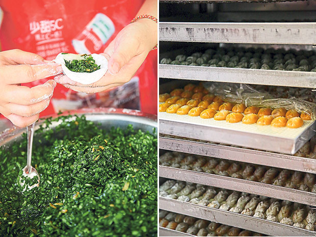 One of the traditional fillings for chai kuih is chopped chives with dried prawns (left). The many varieties of chai kuih are available throughout the day from the steamer (right).