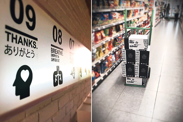 Safety signs at the processing plant include breathing deeply and saying good words of thank you to the water, a Japanese philosophy of living nature (left). You can buy This is Water at places like Cold Storage, Mercato, Village Grocer, BIG and Jason’s Food Hall (right).