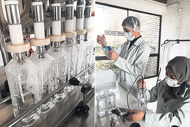 This is Water is packed in 100 per cent BPA-free plastic bottles (left). Testing is carried out daily at the plant to check for quality and consistency of the water (right).