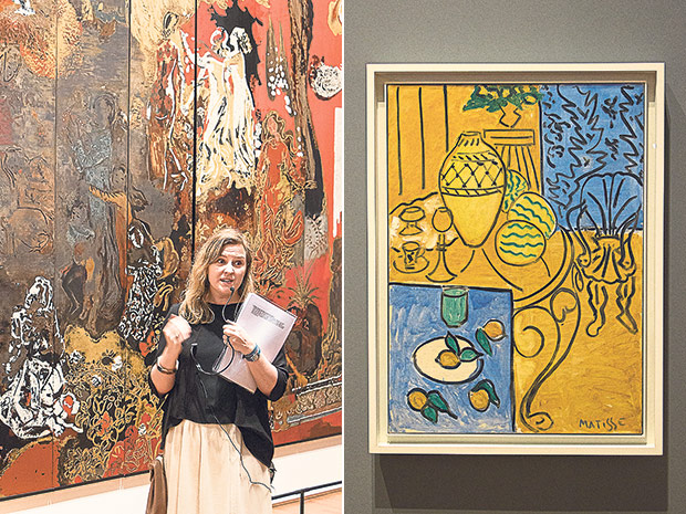 Dr Phoebe Scott explaining the techniques used by Vietnamese artist Nguyễn Gia Trí (left). Interior in Yellow and Blue (c. 1946) by French painter Henri Matisse (right).