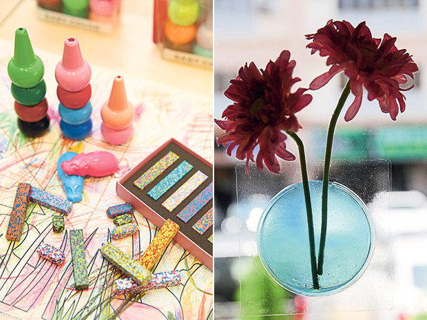 They don’t make crayons like they used to, they’ve made them so much more interesting (left). Kaki ‘floating’ vases can adhere to mirrors and glass or tile surfaces (right).