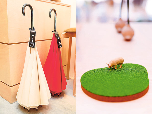 The UnBrella closes inside out so water doesn’t drip from it (left). Shibaful island coasters come with plastic animals to keep your drinks company (right).