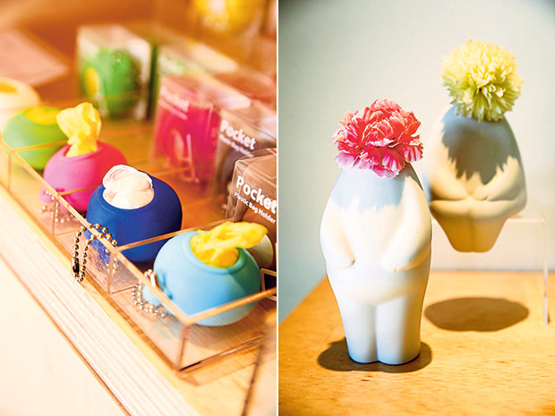 A handy little plastic bag container for pet owners (left). Jazz up empty corners with Flowerman vases (right).