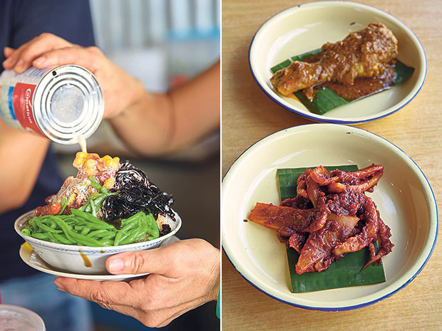 Adding the final touches to the ABC, one of their cold desserts (left). You can order additional side dishes like sambal sotong and chicken rendang with your nasi lemak (right).