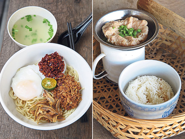 Pan mee is a big thing in this area, hence you have Iron House Kopitiam’s signature chilli version served with poached egg, crispy ikan bilis, minced meat and aromatic dried chillies (left). Comfort food: Steamed pork patty with salted fish served with rice mixed with fried shallots (right).