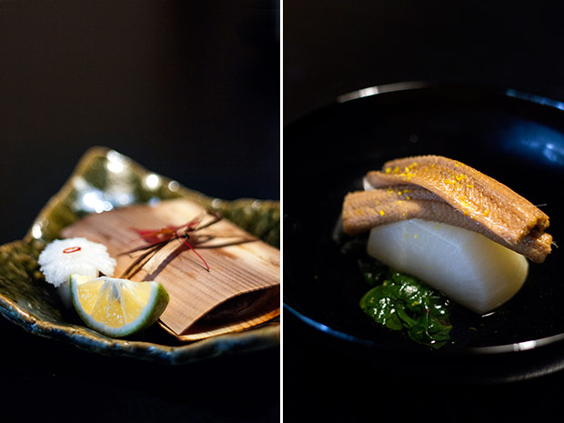 The yakimono course is a grilled dish wrapped in a piece of sugi (Japanese cedar) bark (left). Steamed anago (salt-water eel), radish simmered in sake and radish leaves dressed with yuzu (right).