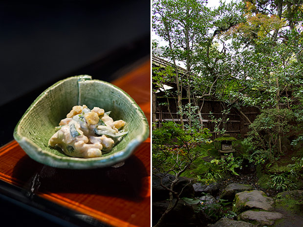 Chilled salad of kaki (persimmon) and goma (sesame) (left). Hyotei’s “secret garden” (right).