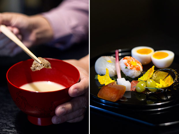 White miso soup blended with chestnut, laced with slivers of soy curd (left). Hassun course with sushi, karasumi (dried mullet roe), ginkgo, chestnut, sweet potato chips and Hyotei’s signature hanjuku (soft-boiled) egg (right).