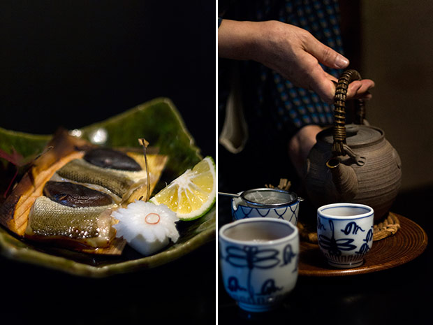 Unwrap the sugi (Japanese cedar) bark to reveal perfectly grilled kamasu (barracuda) (left). Hojicha (roasted Japanese green tea) to freshen palates in between courses (right).