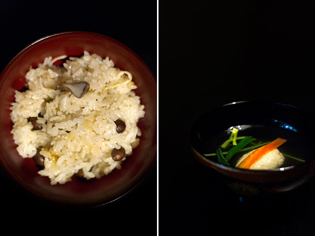 Mushroom rice with ceps and shimeiji mushooms (left). A single piece of whitefish paste “swims” in a bowl of light broth (right).