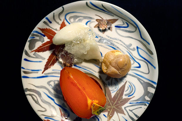 Warm pâte à choux filled with apple, poached pear with jelly, and glacéed persimmon.
