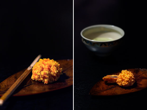 Sweet potato paste mixed with angko (adzuki bean paste) is a riot of autumnal colours (left). Complete the wagashi course with a bowl of freshly whisked matcha (right).