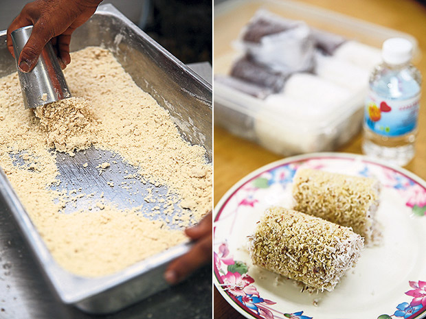 This type of putu is made from atta flour (left). There is a choice of three types of putu; rice, millet or atta flour (right).