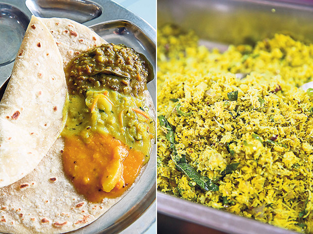 For a light lunch, opt for chapati with curry and dhal (left). A popular Sri Lankan item is minced shark meat cooked with turmeric, grated coconut, curry leaves and spices (right).