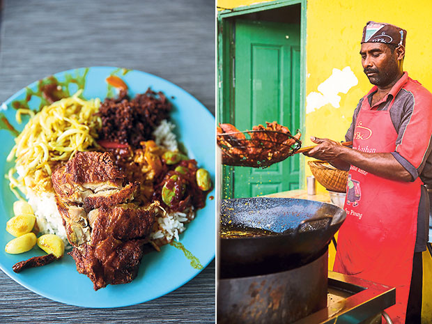 Tuck into a plate of nasi ganja for a satisfying lunch (left). The fried chicken is prepared in batches to keep it fresh (right).