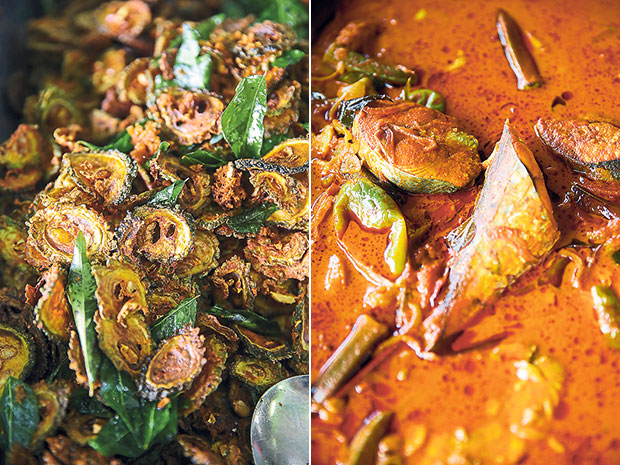 Fried bittergourd with curry leaves from the counter (left). If you prefer fish, opt for the curry with vegetables from the counter (right).