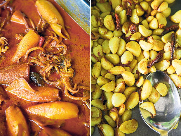 Sotong curry is a popular dish among the diners here (left). One of the unusual dishes found here is this simple garlic cloves fried with dried chillies (right).