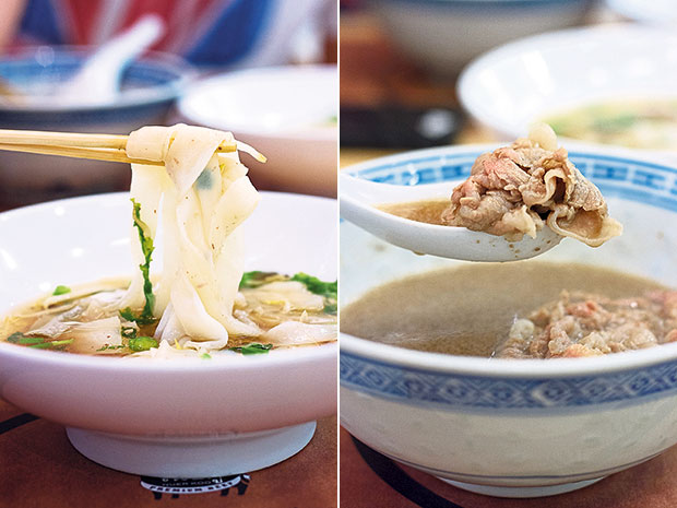 The beef broth goes best with flat, wide kui tio noodles (left). Silky-tender Japanese Kobe beef (right).